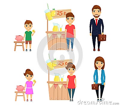 Set, profession businessman. Little girl and boy dream of becoming businessmen. Man and woman are professional businessmen Vector Illustration