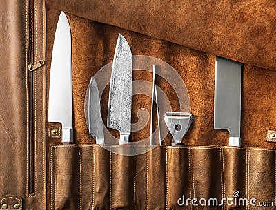 Set of professional cook tools. Special case of cook knives. Stock Photo