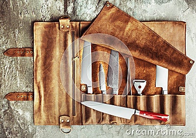 Set of professional cook tools. Special case of cook knives. Stock Photo