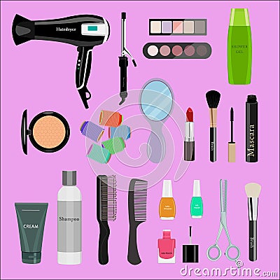Set of professional cosmetics, beauty tools and products: hairdryer, mirror, makeup brushes, shadows, lipsticks Vector Illustration