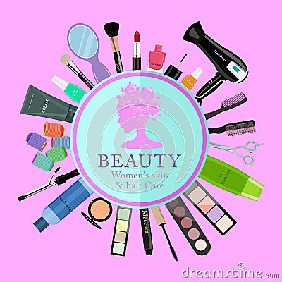 Set of professional cosmetics, various beauty tools and products: hairdryer, mirror, makeup brushes, shadows, lipstick Vector Illustration