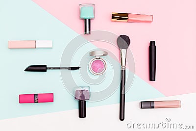 Set of professional decorative cosmetic. Flat lay composition Stock Photo