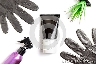 Set of professional hairdresser tools for coloring hair - bleach brush, bowl, spray, gloves and tube of coloring stuff, Stock Photo