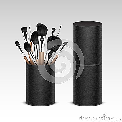 Set of Professional Makeup Concealer Powder Blush Eye Shadow Brow Brushes with Wooden Handles in Black Leather Tube Vector Illustration