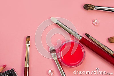 Set for professional makeup, different brushes for applying powder and eyeshadow. Cosmetics and Foundation Stock Photo
