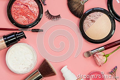 Set for professional makeup, different brushes for applying powder and eyeshadow. Cosmetics and Foundation Stock Photo
