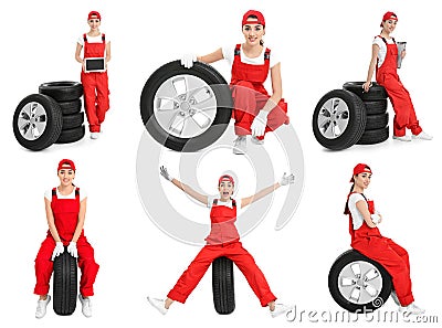 Set with professional mechanic and car tires Stock Photo