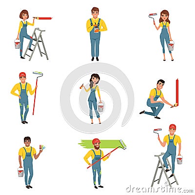 Flat vector set of painters with equipment brush, roller, bucket with paint, step folding ladder. Men and women in blue Vector Illustration