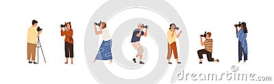 Set of professional photographers or cameramen at work. Collection of creative men and women holding cameras and taking Cartoon Illustration