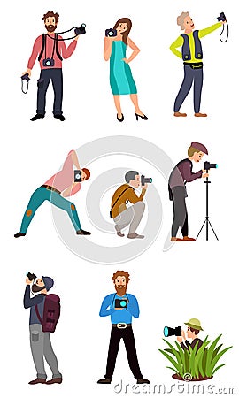 set of professional photographers of men and women who make beautiful shots from different angles, positions and places Cartoon Illustration