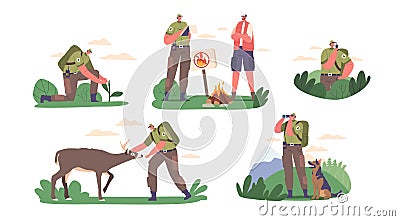 Set Professional Ranger Forester Characters Manage And Protect Forest Resources. Maintain Forest Health Vector Illustration