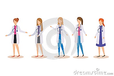 Set professional women doctors with stethoscope equipment Vector Illustration