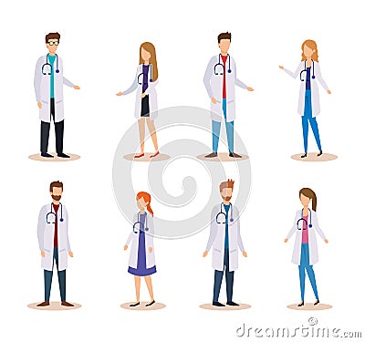 Set professional women and men doctors with stethoscope Vector Illustration