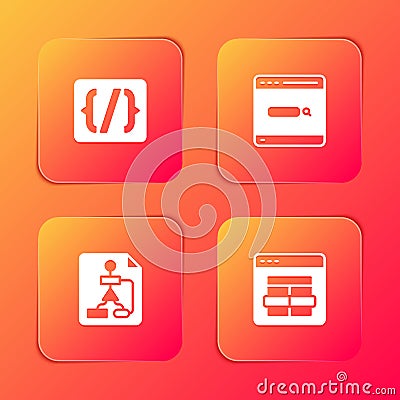 Set Programming language syntax, Search engine, Flowchart and MySQL code icon. Vector Vector Illustration