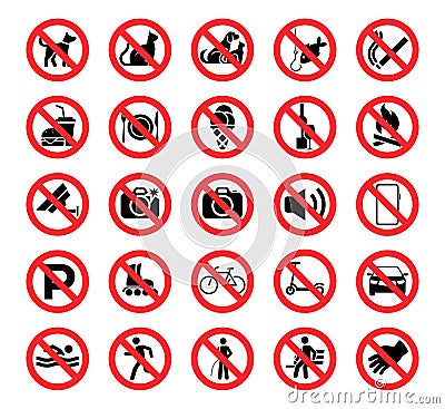 Set of prohibition icons. Prohibition warning. Red circle with oblique line. Vector illustration Vector Illustration