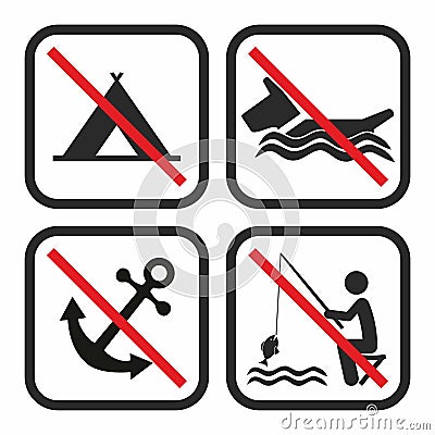 Set of prohibition signs, group four crossed buttons, water activities, beach Vector Illustration
