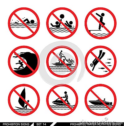 Set of prohibition signs for water activities Vector Illustration