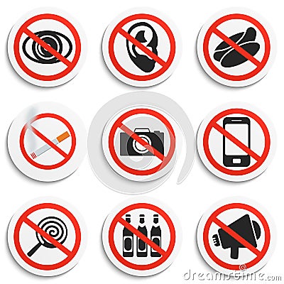 Set of 9 Prohibition Signs on White Round Plates. Vector Illustration