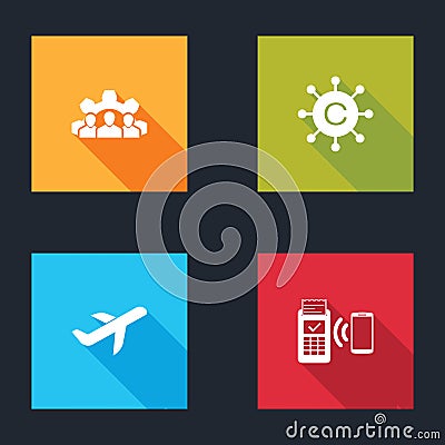 Set Project team base, Copywriting network, Plane and POS terminal icon. Vector Vector Illustration