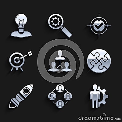 Set Project team base, Human with gear inside, Piece of puzzle, Rocket ship fire, Target arrow, and check mark and head Vector Illustration