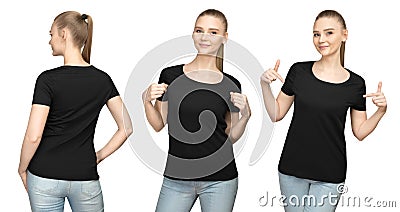 Set promo pose girl in blank black tshirt mockup design for print and concept template young woman in T-shirt front and back view Stock Photo