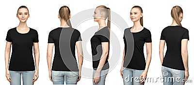 Set promo pose girl in blank black tshirt mockup design for print and concept template young woman in T-shirt isolated Stock Photo