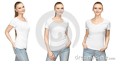Girl in blank white tshirt mockup design for print and concept template young woman in T-shirt front and half turn side view Stock Photo