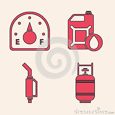 Set Propane gas tank, Motor gas gauge, Canister for motor machine oil and Gasoline pump nozzle icon. Vector Vector Illustration