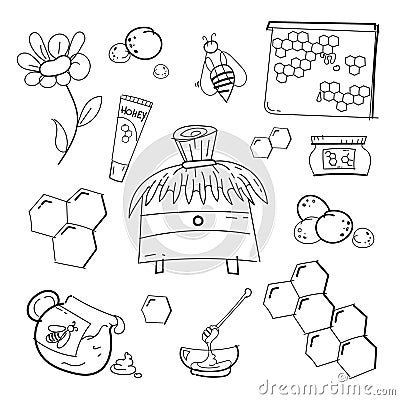 A set of propolis and honey. Honeycombs bee hives and honey products. Vector illustration isolated on white background. Vector Illustration