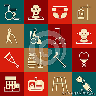 Set Prosthesis hand, Dental implant, Deaf, Adult diaper, Woman in wheelchair, Blind human holding stick, Wheelchair and Stock Photo