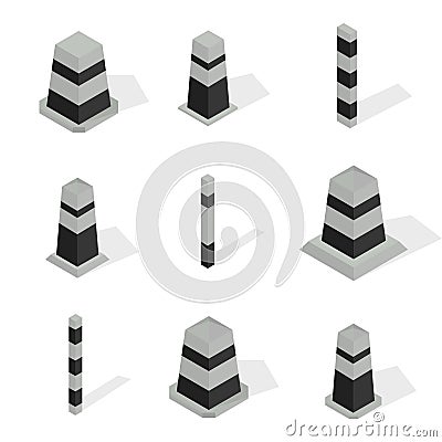 Set of protective barriers and road columns in 3D, vector illustration. Vector Illustration