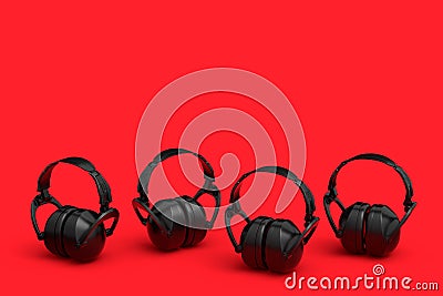 Set of protective black earphones muffs isolated on a red background Cartoon Illustration