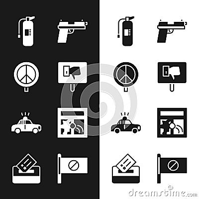 Set Protest, Peace, Fire extinguisher, Pistol or gun, Police car and flasher, Broken window, and Vote box icon. Vector Vector Illustration