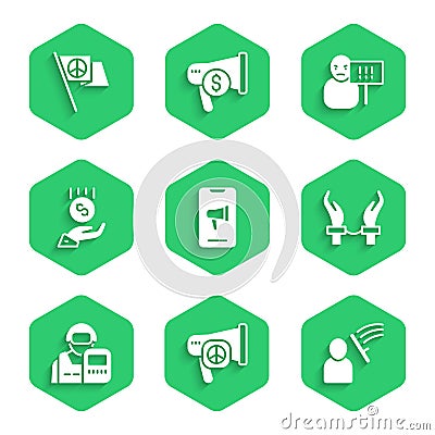 Set Protest, Peace, Police beat human, Handcuffs on hands of criminal, officer, Coins - minimal wage, and icon. Vector Vector Illustration