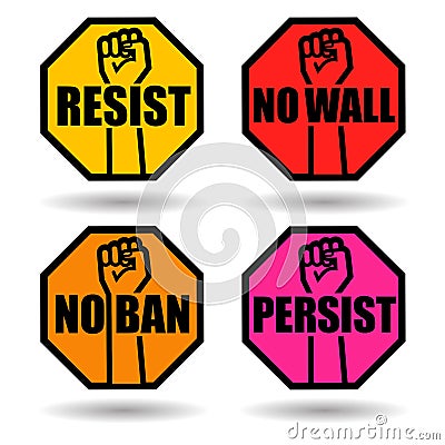 Set of protest signs with raised fist. Vector Illustration