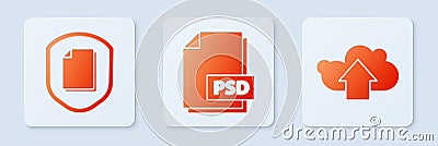 Set PSD file document, Document protection concept and Cloud upload. White square button. Vector Vector Illustration