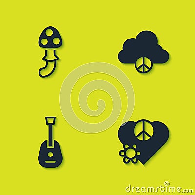 Set Psilocybin mushroom, Love peace, Guitar and Peace cloud icon. Vector Stock Photo