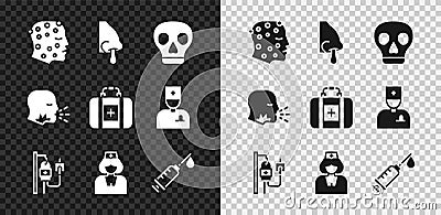 Set Psoriasis or eczema rash, Runny nose, Skull, IV bag, Nurse, Syringe, Man coughing and First aid kit icon. Vector Vector Illustration