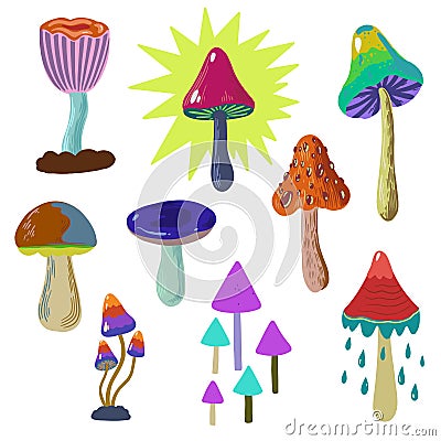 Set of psychedelic and fairy colorful mushrooms isolated on white background. Vector hand drawn illustration. Vector Illustration
