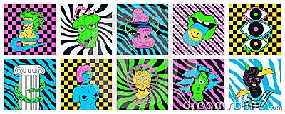 A set of psychedelic, surreal design elements with crazy acid figures. Vector Illustration