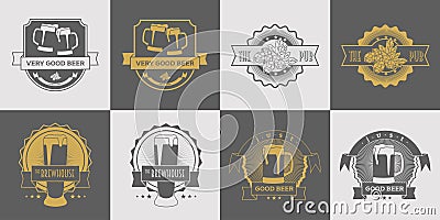 Set of pub, brewery, craft beer, brewhouse and beer labels, logos, badge and other design. Gray and gold vector Vector Illustration