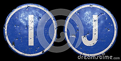 Set of public road sign in blue color with a capitol white letters I and J in the center isolated black background. 3d Stock Photo