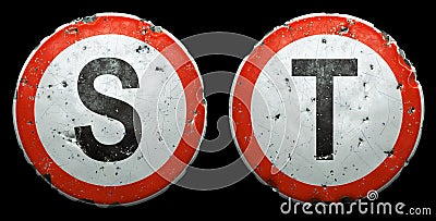 Set of public road signs in red and white with a capitol letters S, T in the center isolated on black background. 3d Stock Photo