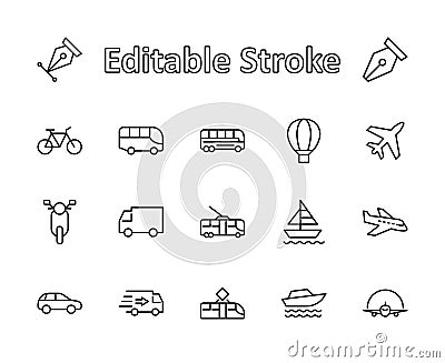 Set of Public Transport Related Vector Line Icons. Contains such Icons as Bus, Bike, Scooter, Car, balloon, Truck, Tram Vector Illustration