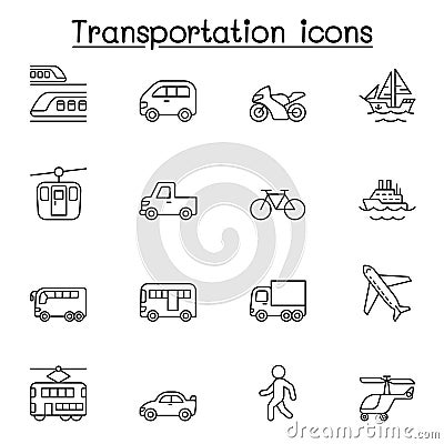 Set of Public transport Related Vector Line Icons. Contains such Icons as, train, car, bicycle, boat, yacht, truck, bus, walking, Vector Illustration