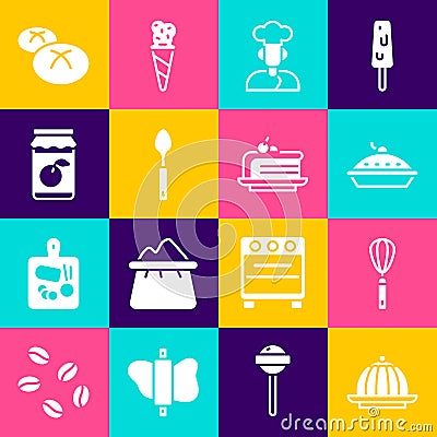 Set Pudding custard, Kitchen whisk, Homemade pie, Cook, Spoon, Jam jar, Bread loaf and Piece of cake icon. Vector Vector Illustration