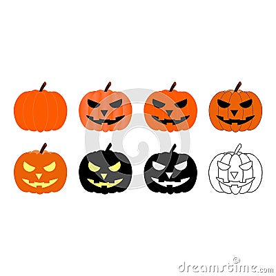 Set of pumpkins in different styles isolated on white background. Gourd with glowing eyes. Black squash. Cartoon vector Cartoon Illustration