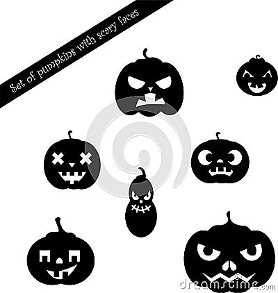 Set of pumpkins with scary faces Vector Illustration