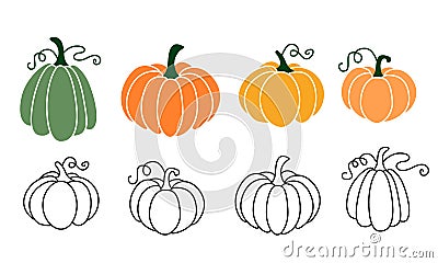 A set of pumpkins in various shapes, black outlined and colored. Vector collection of cute hand drawn pumpkins on white background Vector Illustration