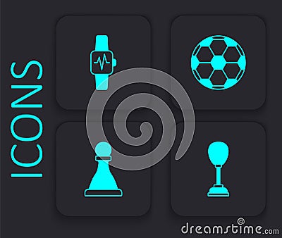 Set Punching bag, Smart watch with heart, Soccer football ball and Chess icon. Black square button. Vector Stock Photo